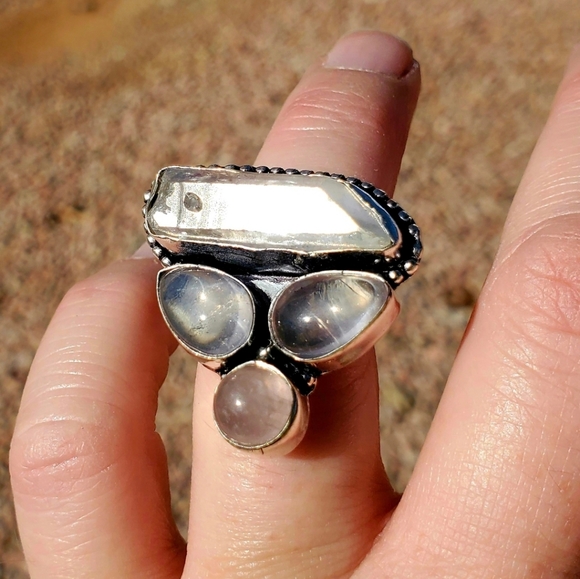 New Rose Quartz & Aura Quartz Crystal 925 Silver Ring. - Picture 6 of 13
